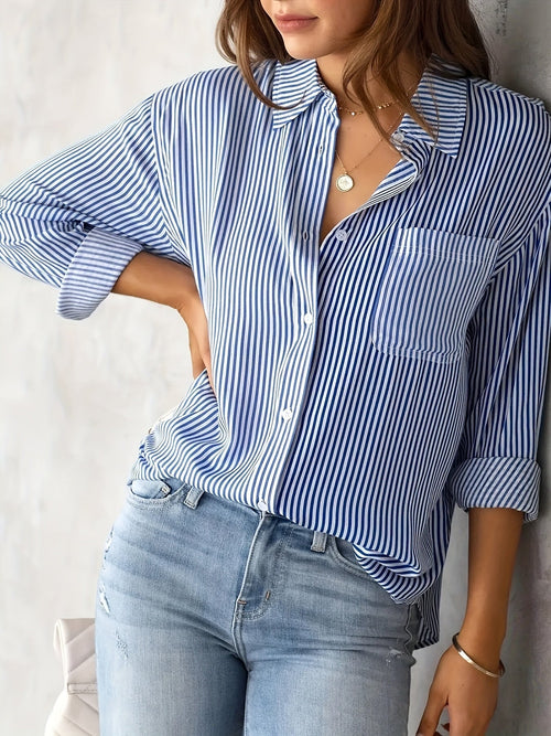 Elegant Striped Buttoned Polo Blouse