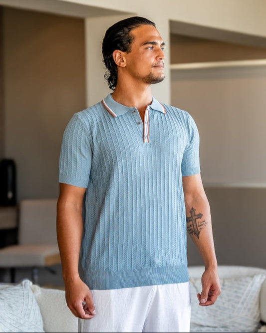 Herringbone Texture Knit Polo with Contrast Details