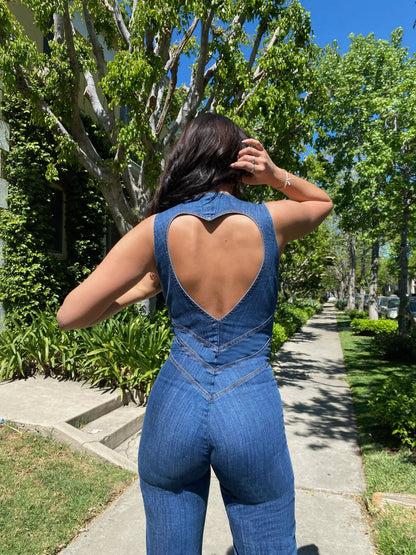 Denim Jumpsuit – Deep V-Neck & Flared Legs