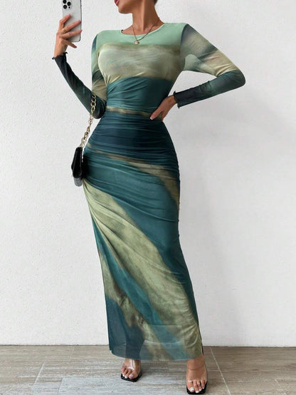 Comfy Printed Long Sleeve Round Neck Bodycon Maxi Dress