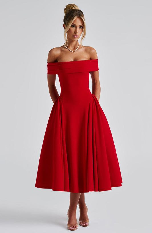 Off-Shoulder Flare Midi Dress