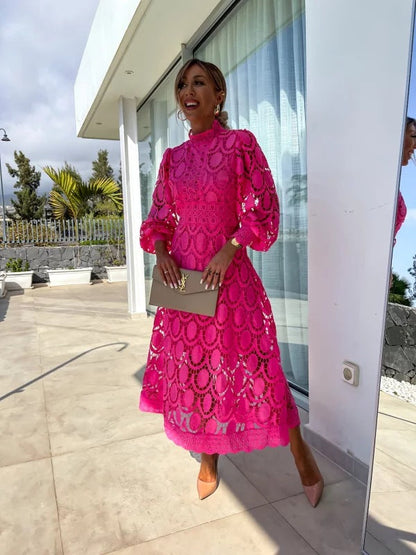 Lace Summer Dress with Puff Sleeves and High Neck for Women