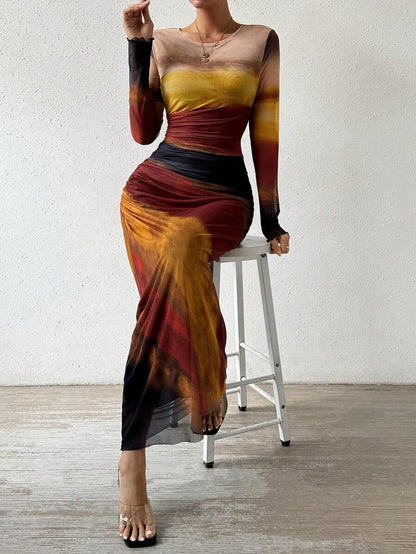 Comfy Printed Long Sleeve Round Neck Bodycon Maxi Dress