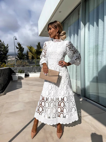 Lace Summer Dress with Puff Sleeves and High Neck for Women