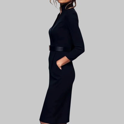 Refined Long Sleeve Midi Dress with Collar & Belt