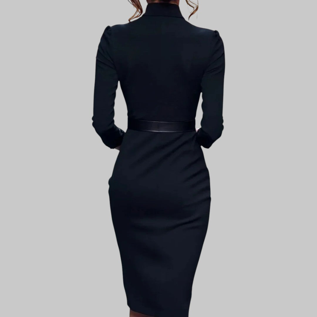 Refined Long Sleeve Midi Dress with Collar & Belt