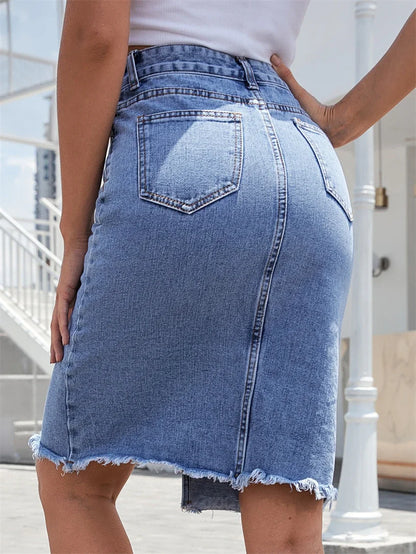Casual Denim Midi Skirt with Front Slit