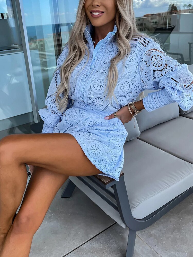 Elegant Lace Set with Long Sleeve Blouse & High-Waist Shorts