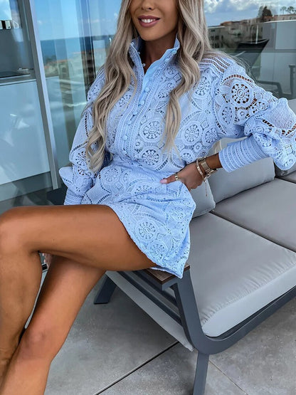 Elegant Lace Set with Long Sleeve Blouse & High-Waist Shorts