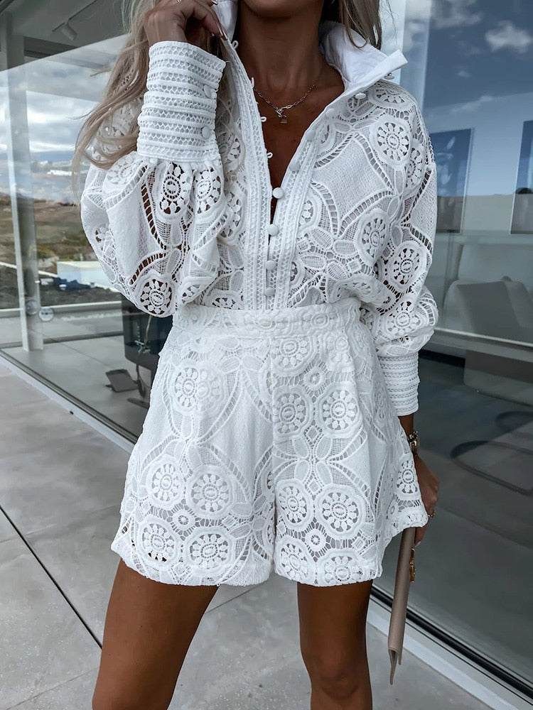 Elegant Lace Set with Long Sleeve Blouse & High-Waist Shorts