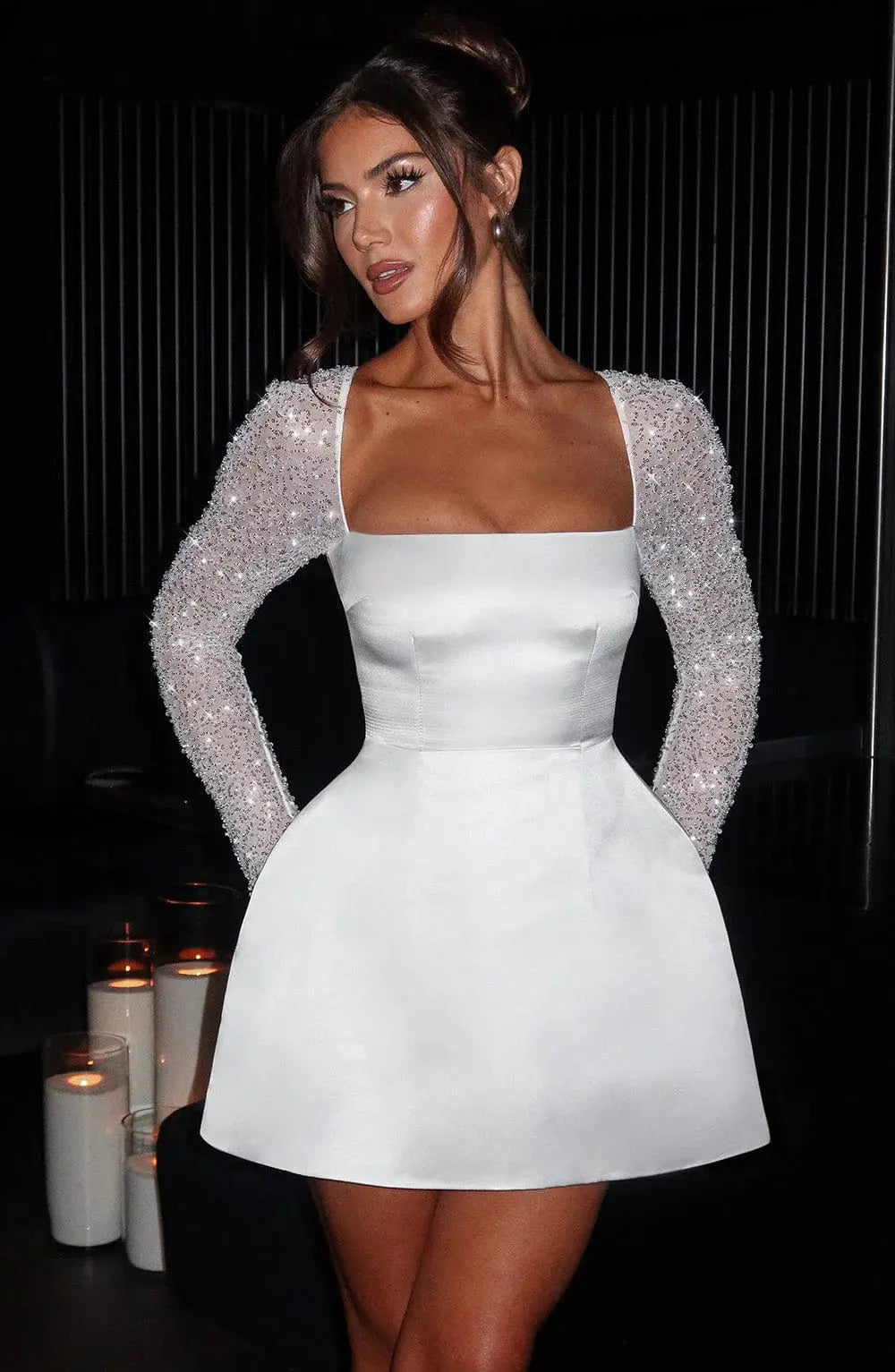 Satin Mini Dress with Rhinestone Mesh Sleeves & Square Neckline