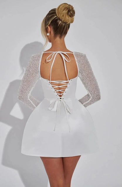 Satin Mini Dress with Rhinestone Mesh Sleeves & Square Neckline