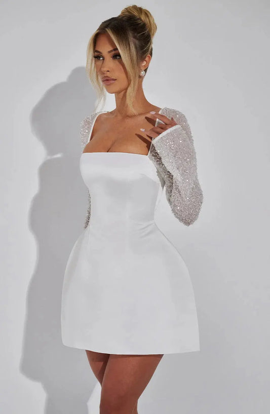 Satin Mini Dress with Rhinestone Mesh Sleeves & Square Neckline