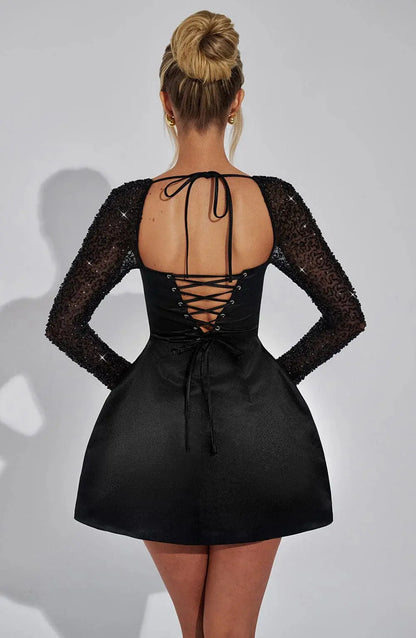 Satin Mini Dress with Rhinestone Mesh Sleeves & Square Neckline
