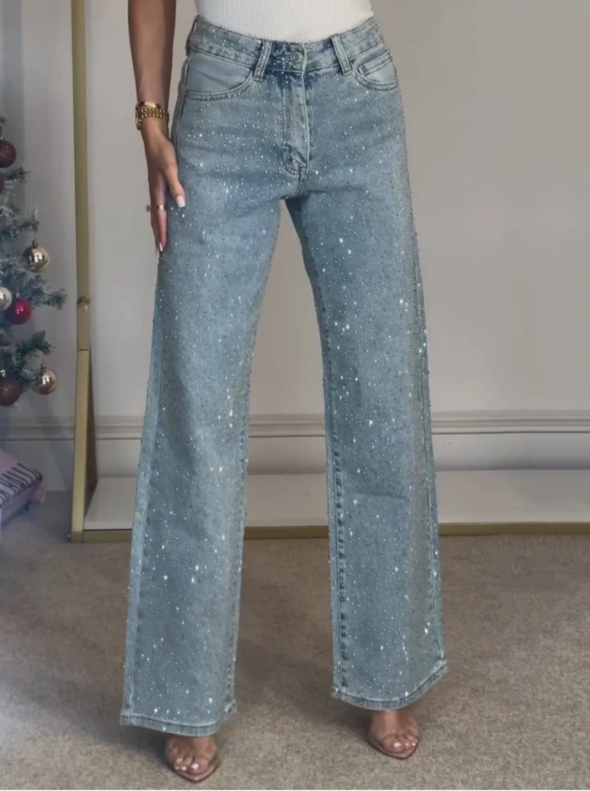 Sparkle Straight-Leg High Waist Jeans
