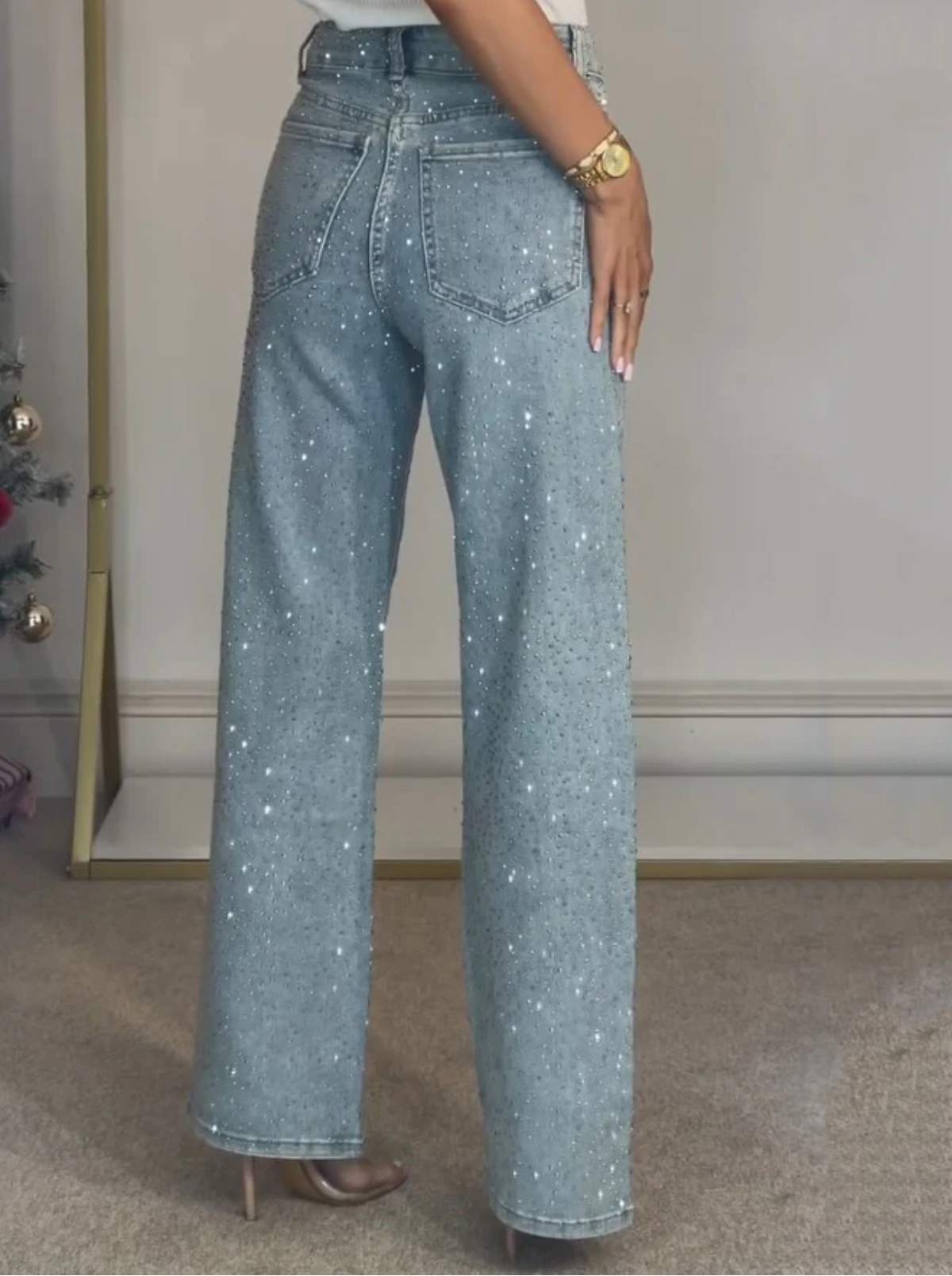 Sparkle Straight-Leg High Waist Jeans