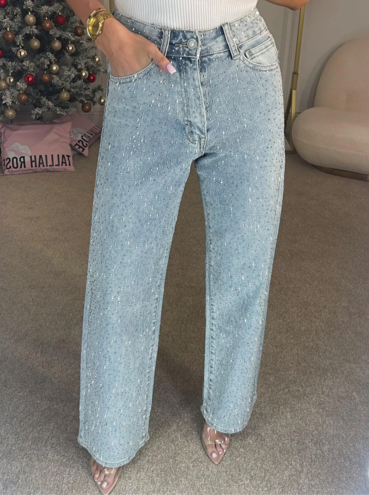 Sparkle Straight-Leg High Waist Jeans