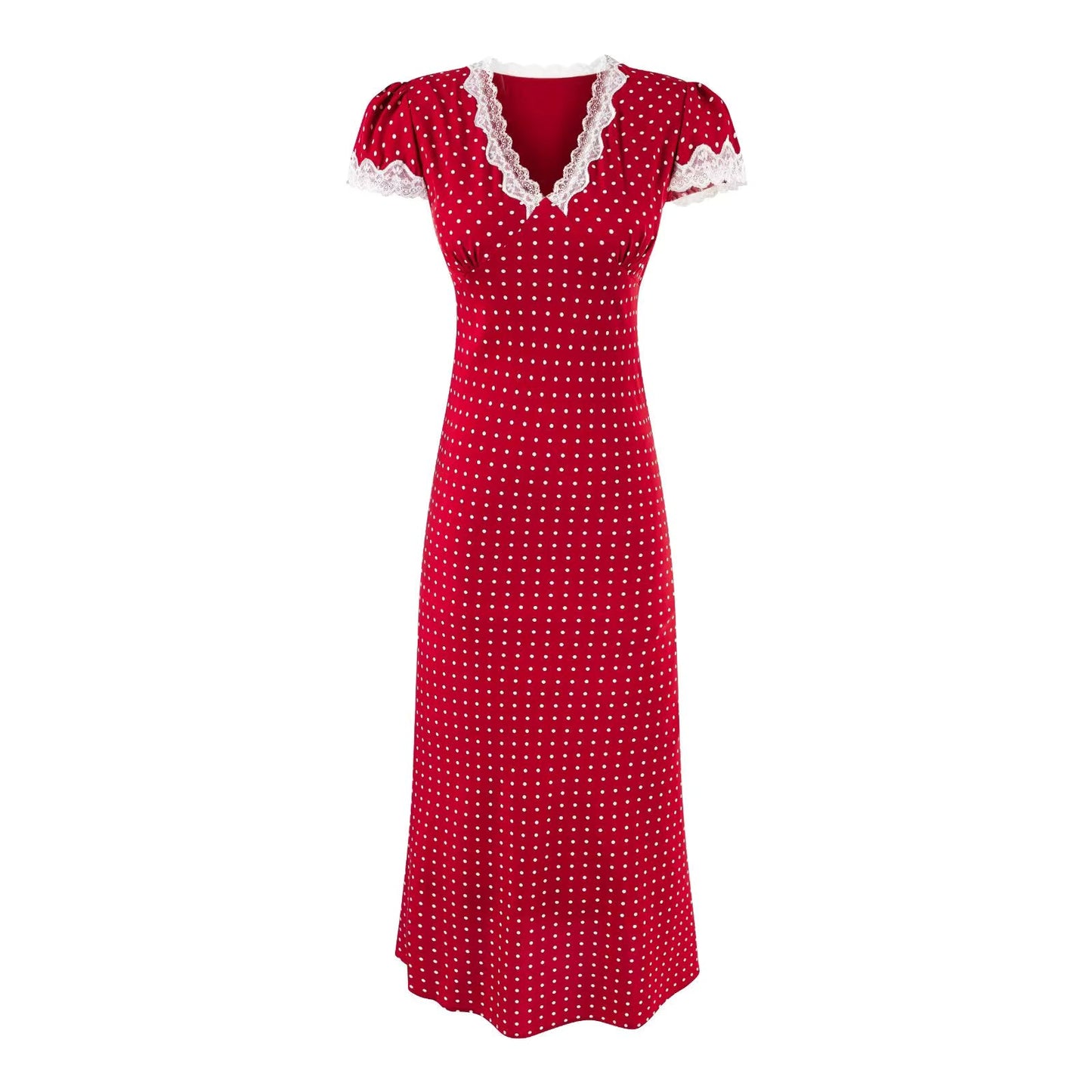 Polka Dot Lace-Trim V-Neck Maxi Dress