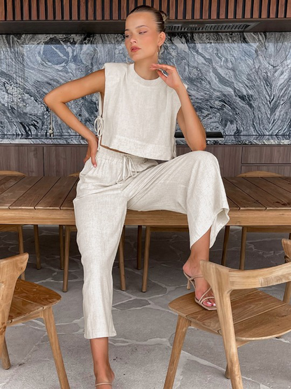 Relaxed Linen Vacation Set with Wide-Leg Trousers