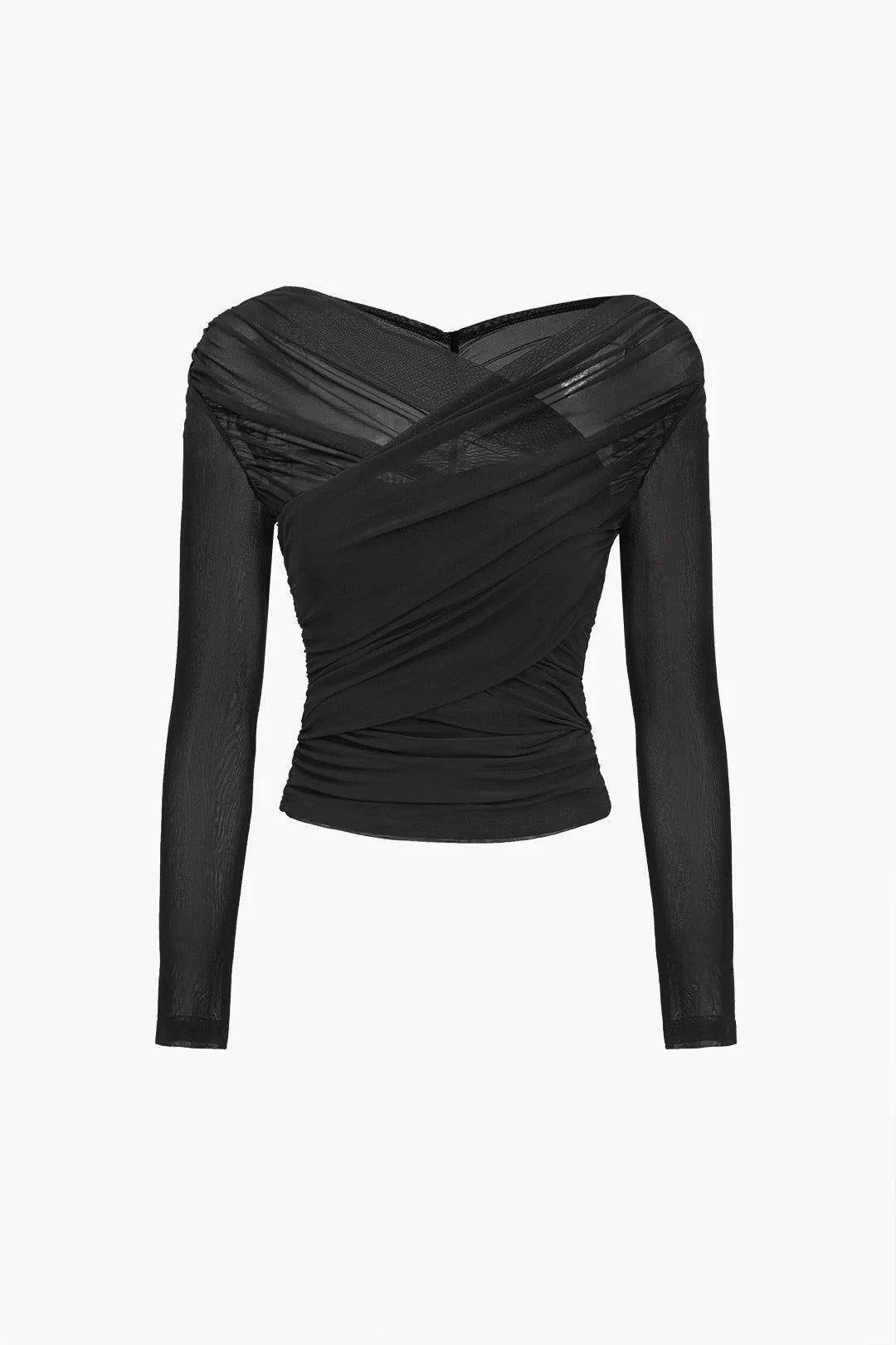 Ruched Mesh Long Sleeve Cross-Front Top