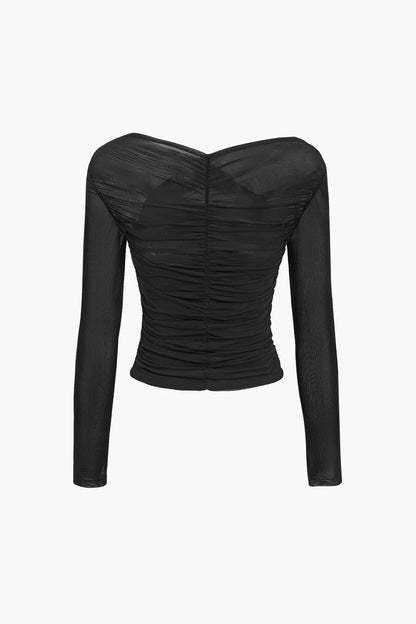 Ruched Mesh Long Sleeve Cross-Front Top