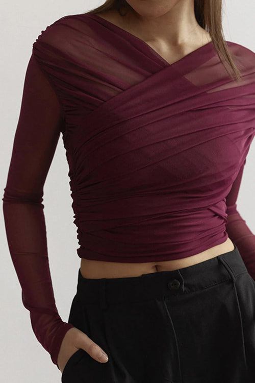 Ruched Mesh Long Sleeve Cross-Front Top