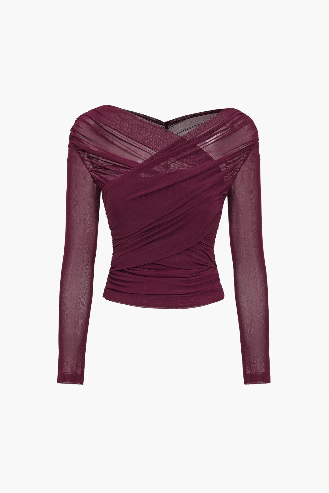 Ruched Mesh Long Sleeve Cross-Front Top