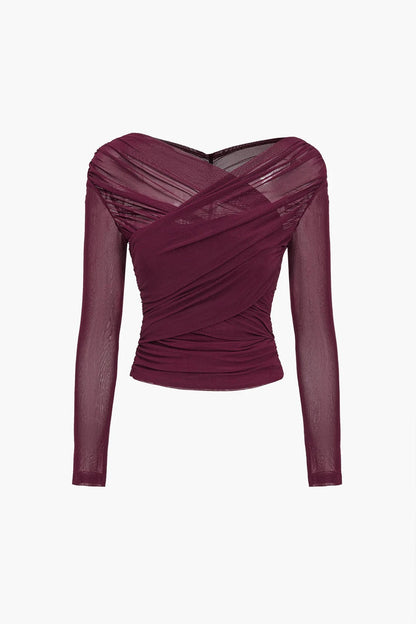 Ruched Mesh Long Sleeve Cross-Front Top