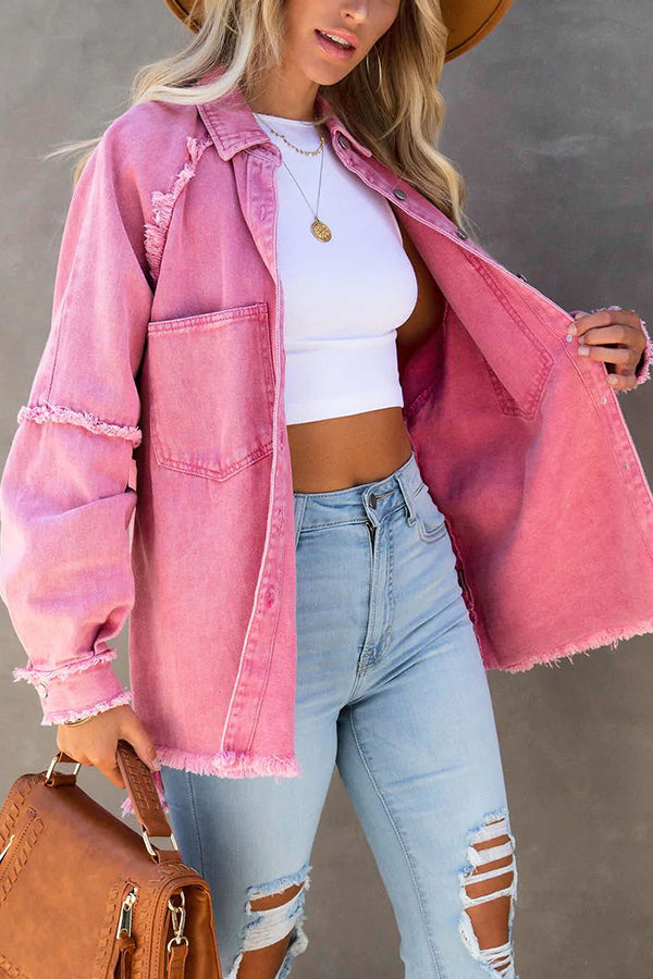Oversized Denim Jacket with Fringe Detail