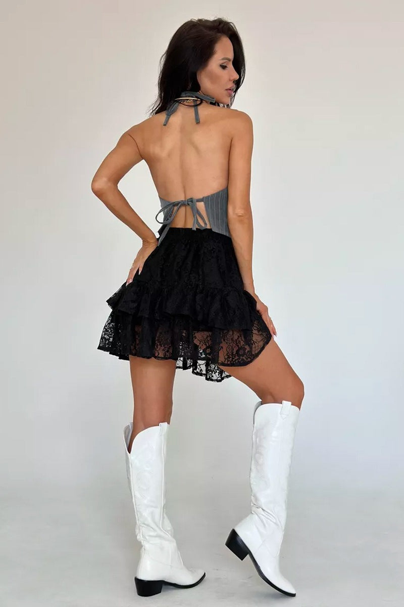 Sheer Lace Jacquard Tiered Mini Skirt for Women