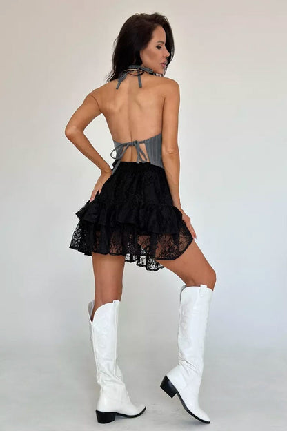 Sheer Lace Jacquard Tiered Mini Skirt for Women