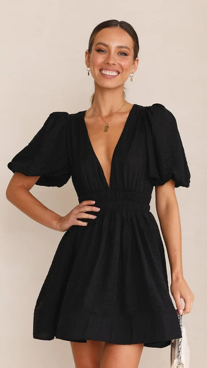 Mini Dress with Puff Sleeves and Square Neckline