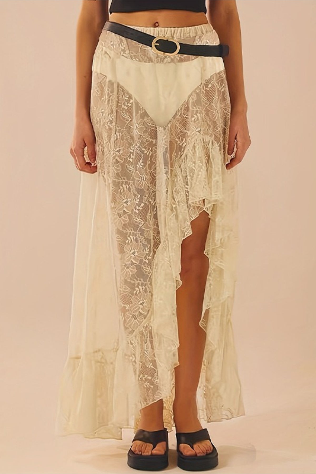 Lace Insert High Waist Asymmetrical Midi Skirt for Women