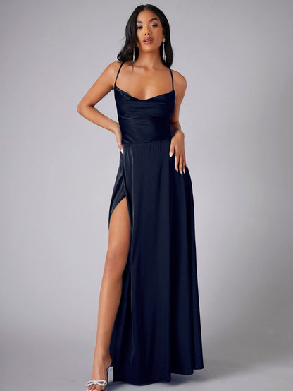 Satin Cowl Neck Backless Slit Maxi Dress