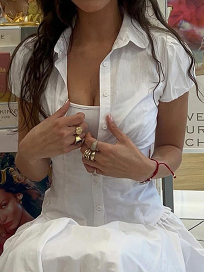 Vintage Slim Waist V-Neck Short Sleeve Shirt