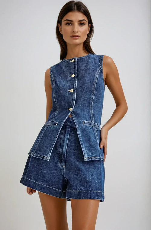 Relaxed Denim Gilet & Shorts Set