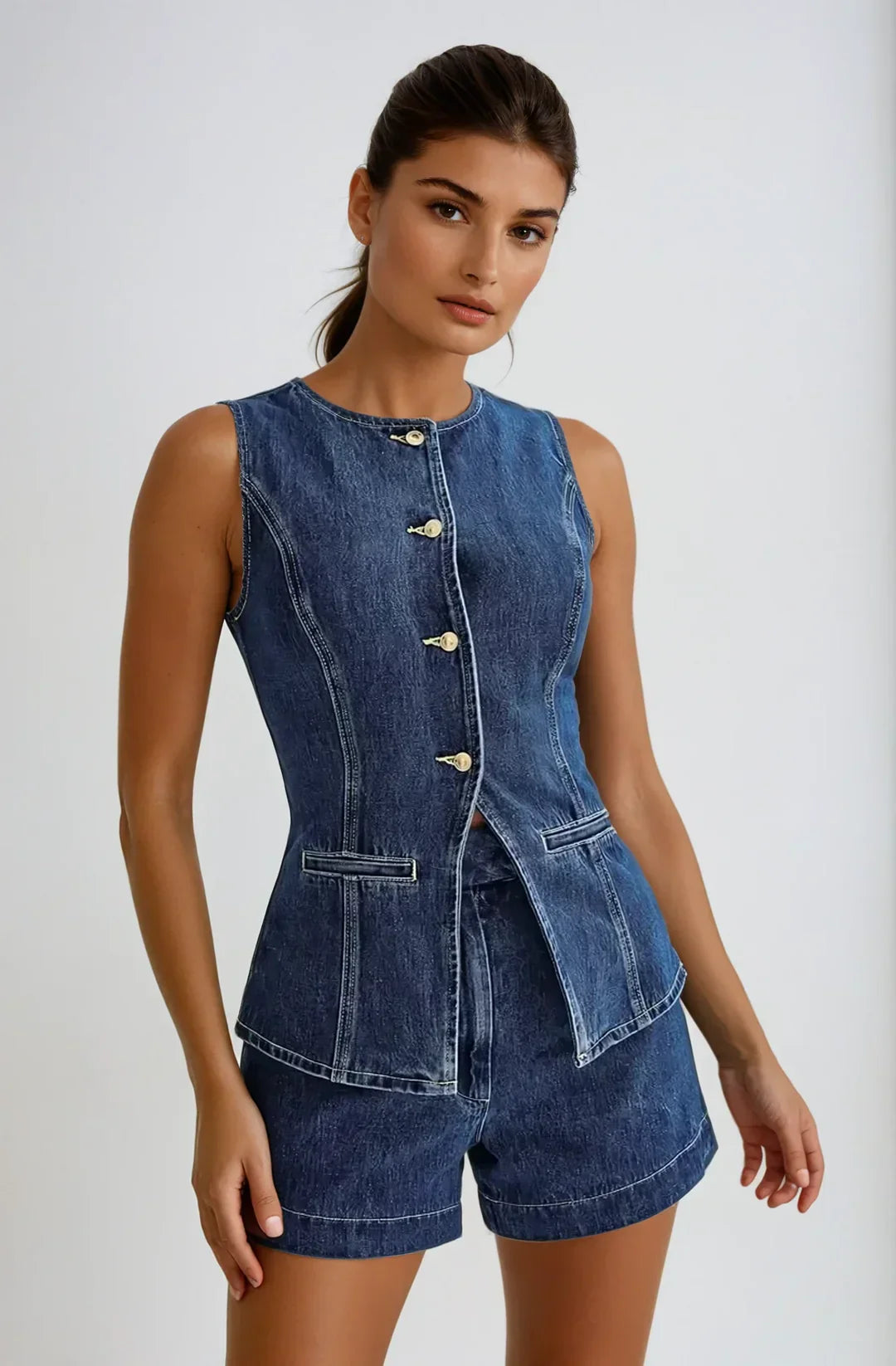 Relaxed Denim Gilet & Shorts Set