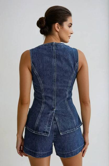Relaxed Denim Gilet & Shorts Set