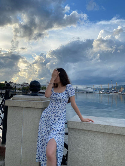 Floral Square Neck Midi Dress with Puff Sleeves