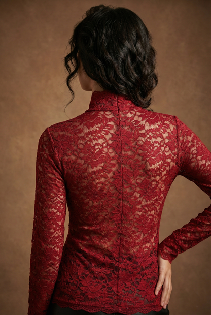 High-Neck Floral Lace Blouse with Long Sleeves