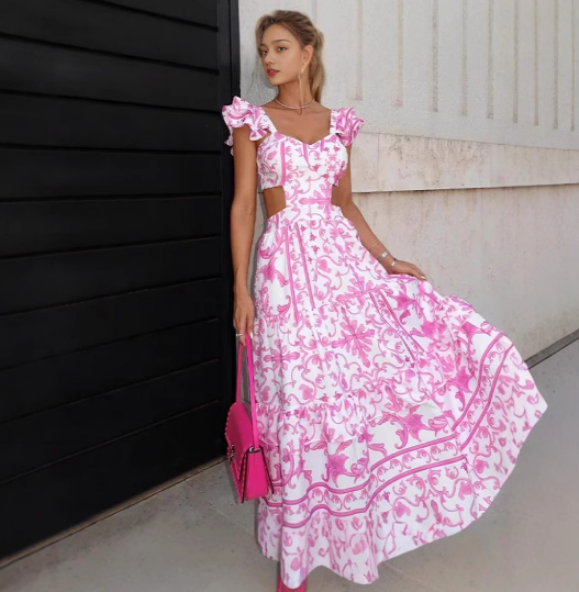 Maxi Dress with Deep V-Neck and Floral Print