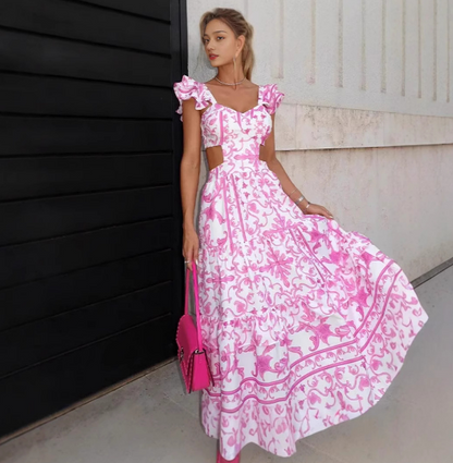 Maxi Dress with Deep V-Neck and Floral Print