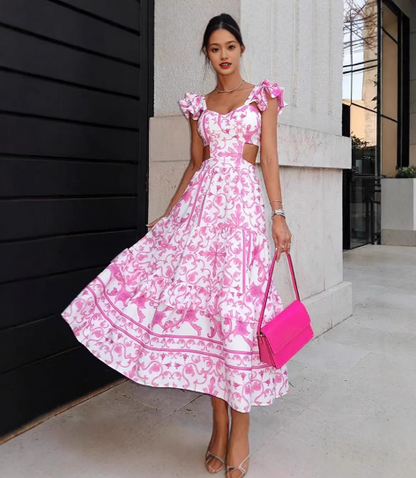 Maxi Dress with Deep V-Neck and Floral Print