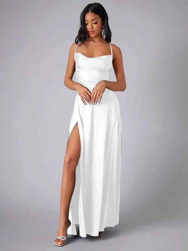 Satin Cowl Neck Backless Slit Maxi Dress