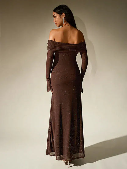 Off-Shoulder Evening Gown – Elegant Long Sleeve Maxi Dress