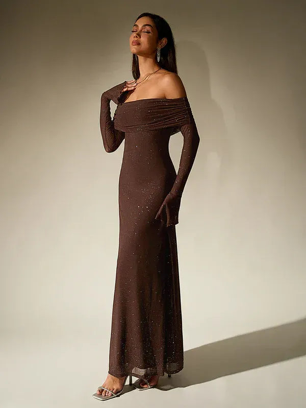 Off-Shoulder Evening Gown – Elegant Long Sleeve Maxi Dress