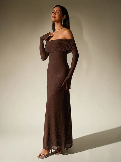 Off-Shoulder Evening Gown – Elegant Long Sleeve Maxi Dress