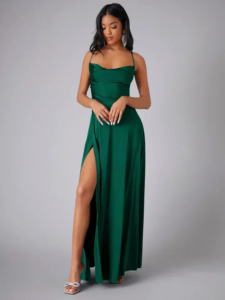 Satin Cowl Neck Backless Slit Maxi Dress