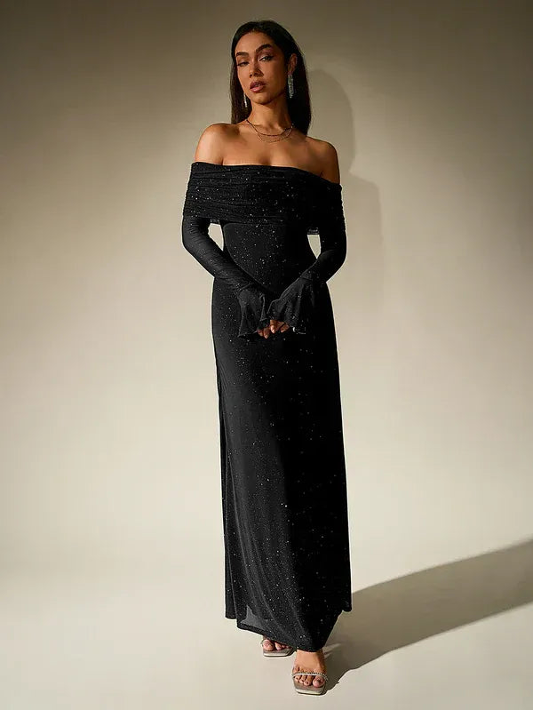 Off-Shoulder Evening Gown – Elegant Long Sleeve Maxi Dress