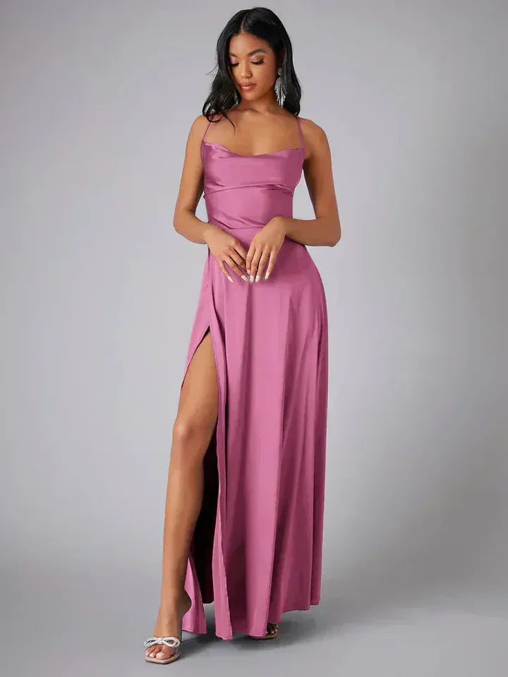 Satin Cowl Neck Backless Slit Maxi Dress